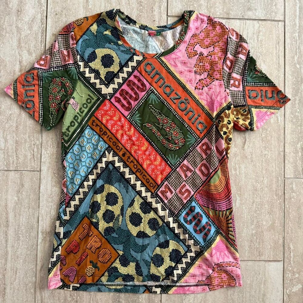 Farm Rio Short Sleeve linen cotton blend Crewneck Maximalist boho Tshirt Size M